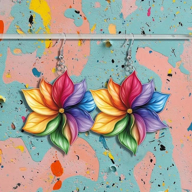 2D Flat Acrylic Creative Flower Pendant Earrings Party Jewelry Gifts Personalized Exaggerated Color Petal Oil Painting Style