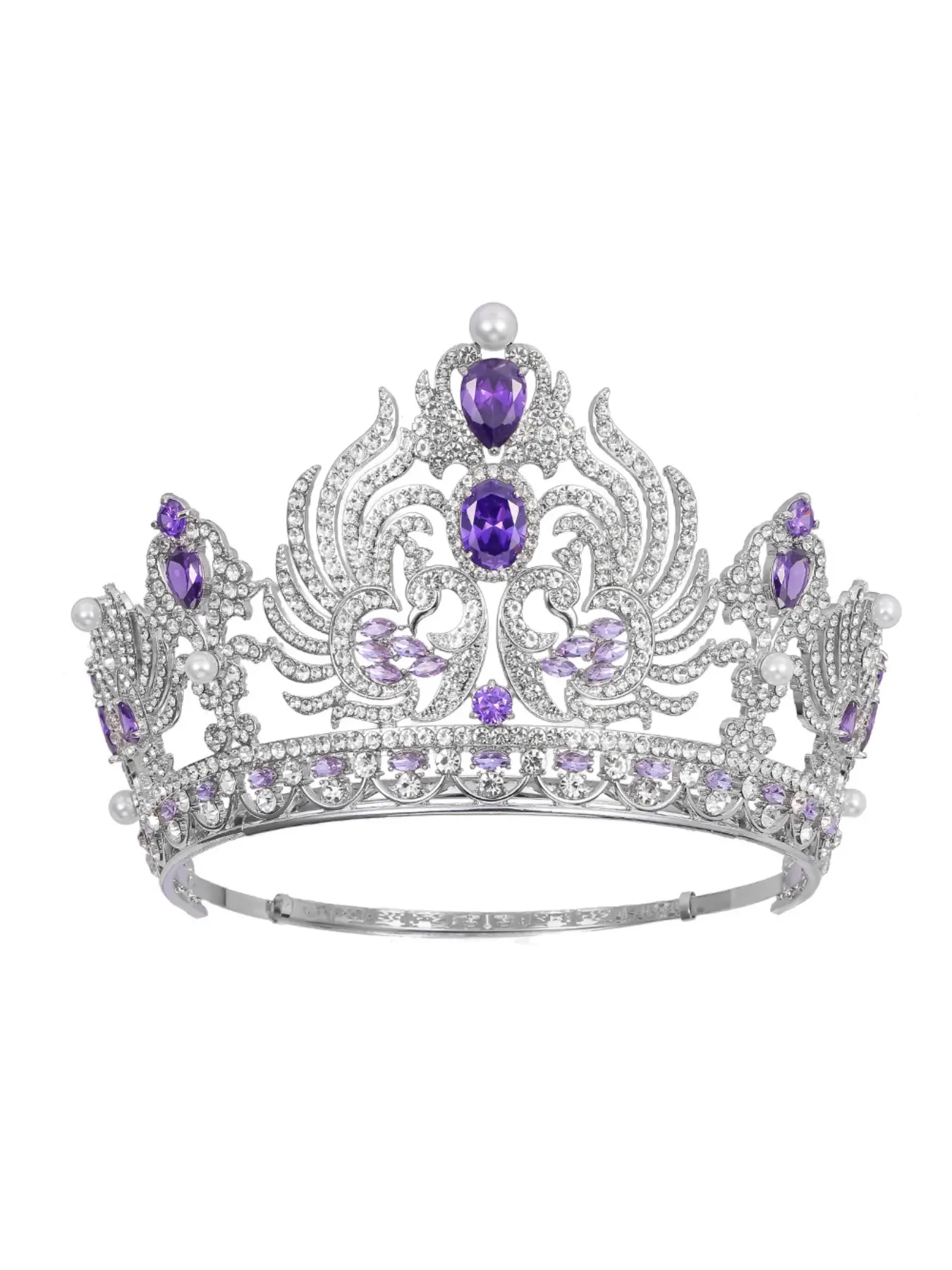 European and American large-size purple zirconia crown bridal runway tiara hair accessory laurel baroque royal crown high-end round crown