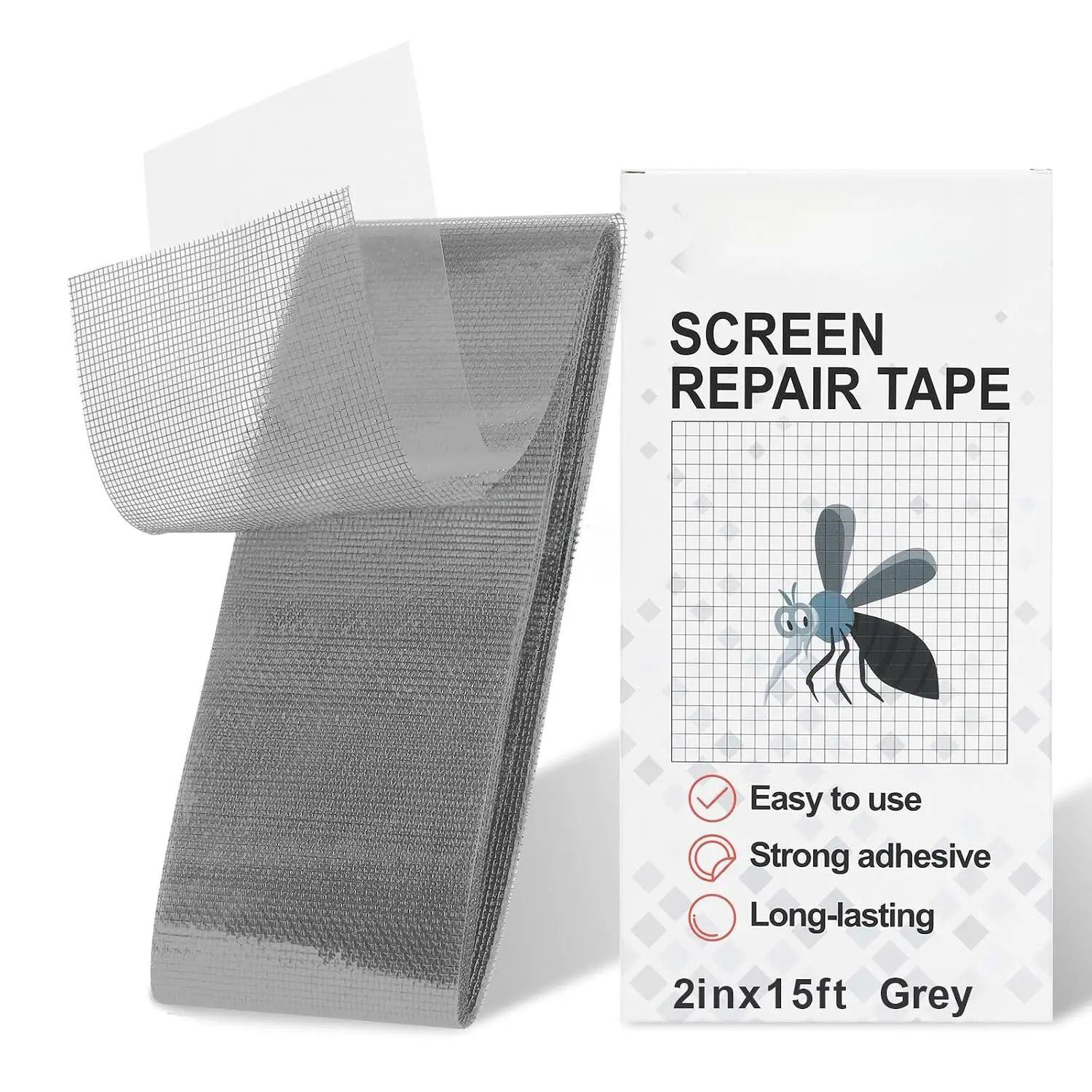2" x 180" (15FT) Screen Repair Tape, Fold Screen Repair Kit, Grey | Window Screen Patch, Quick Repair,  Adhesive, Easy to Use, For Mesh Window & Door, Cuttable Fiberglass, No Tools Needed