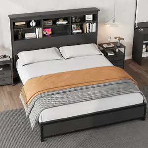 King Platform Bed Frame with Bookcase Headboard, Built-In USB & Type-C Charging Station, Tall Wooden Headboard, 9.6" Underbed Storage, No Box Spring Needed, Black
