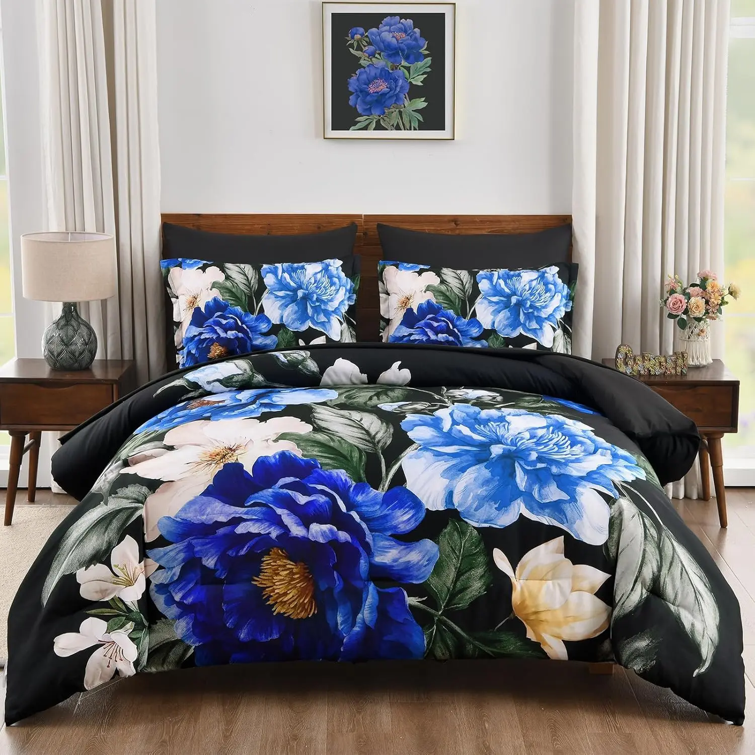 Floral Comforter Set Queen Size 7 Pieces Bed in a Bag, Blue Bed Set, Soft Lightweight Comforter with Sheet Set 90"x90"