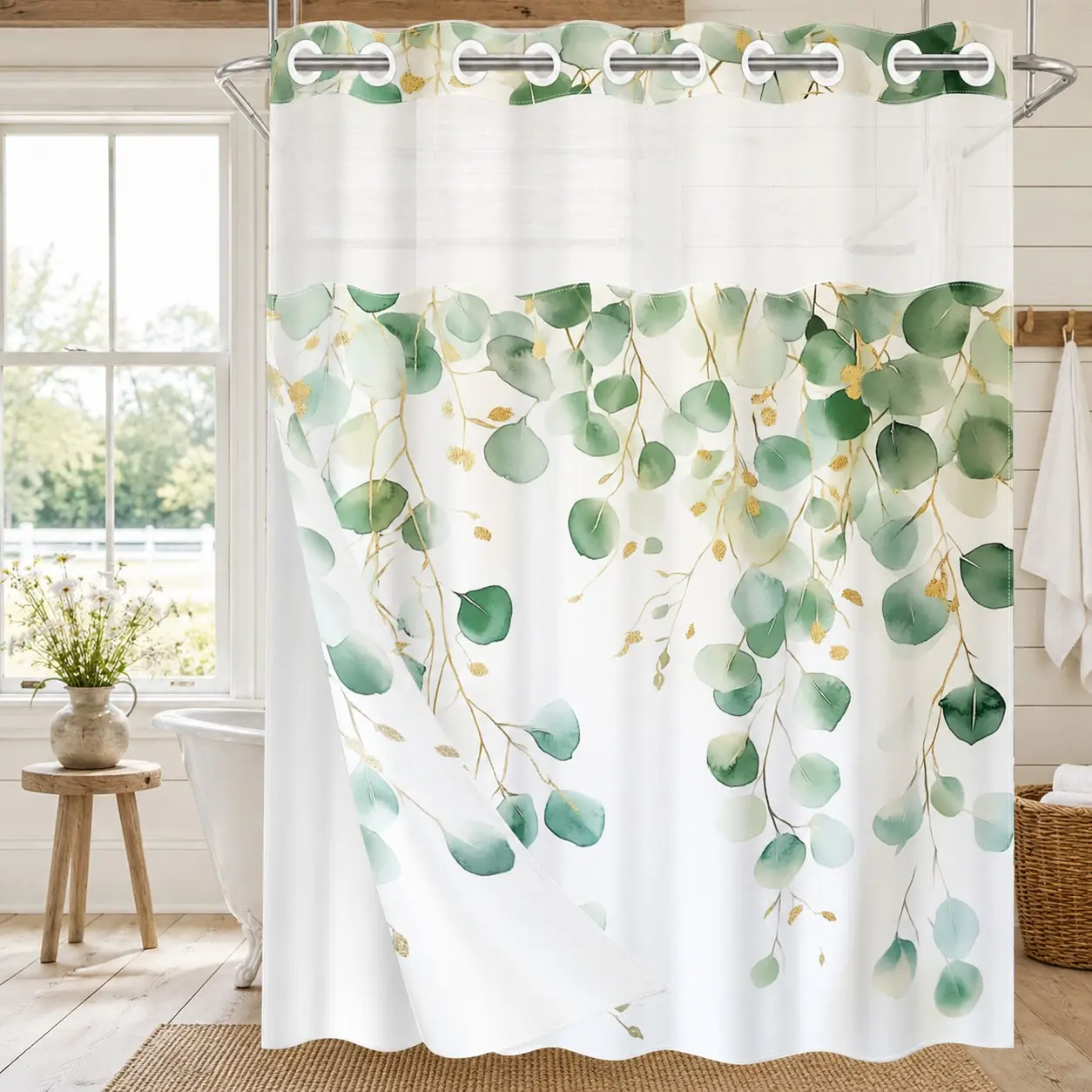 1PC/ 2D Flat Printing Fresh Green Eucalyptus Leaves Pattern Patterned Botanical shower curtain, Decorative shower curtain, home bathroom decor, shower curtain set with 12 hooks, non-slip bathroom rug, U-shaped toilet seat cover, toilet seat mat.