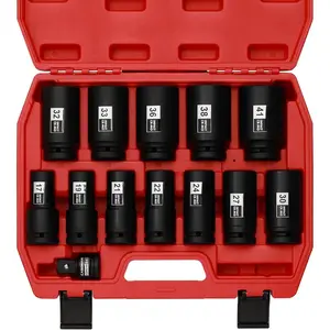 3/4" Drive Deep  Socket Set, 13 count  Socket Assortment, Metric(17mm to 41mm), 6-Point, Include 1/2" F to 3/4" M Adapter, CR-MO Steel