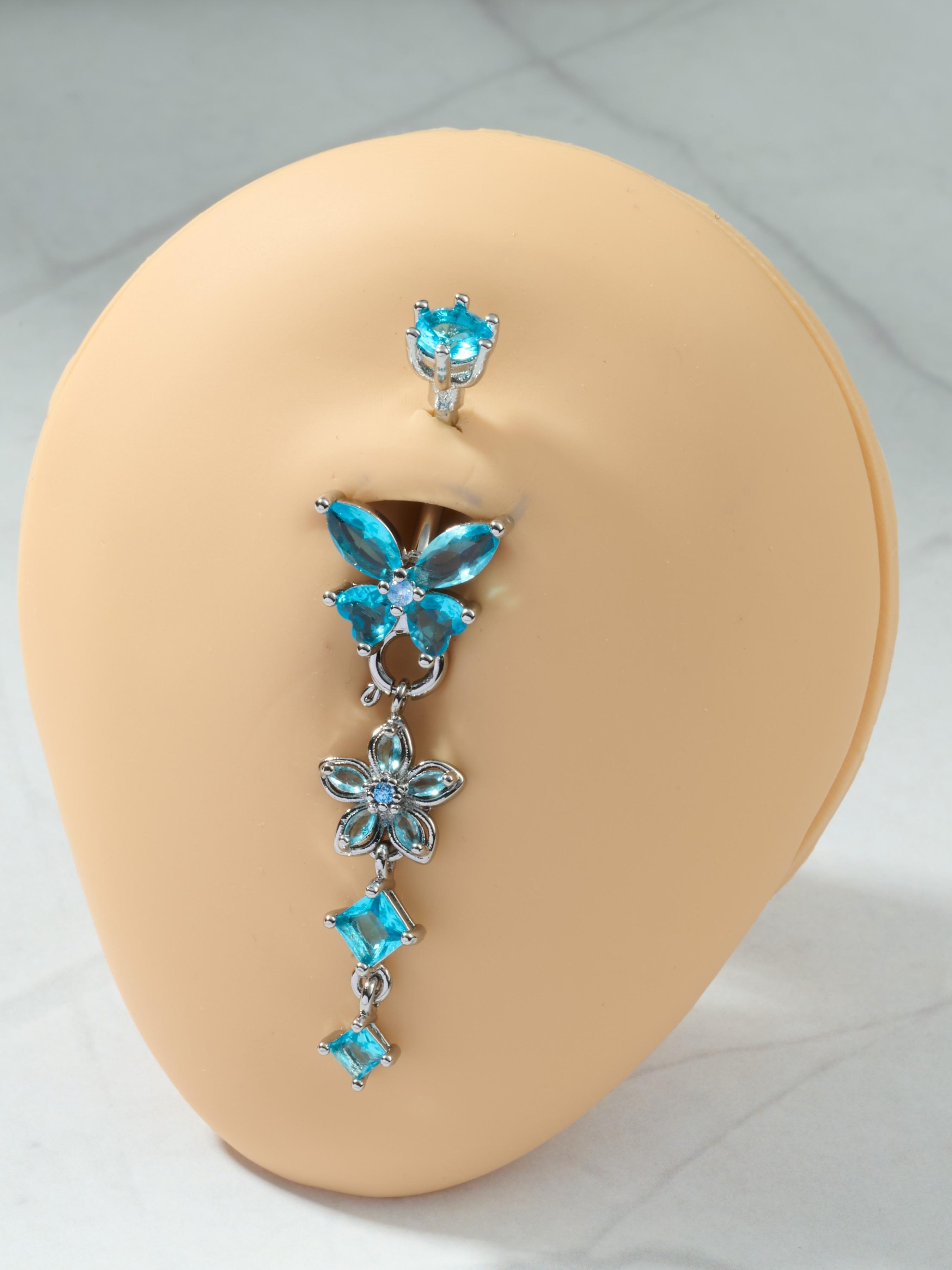 Detachable Flower Dangle Belly Button Ring Cute Butterfly Removable Belly Rings Stainteel Steel Navel Piercing Jewelry For Women, 10mm Silver Pink Purple Blue Belly Button Piercing Body Piercing 14Gauge