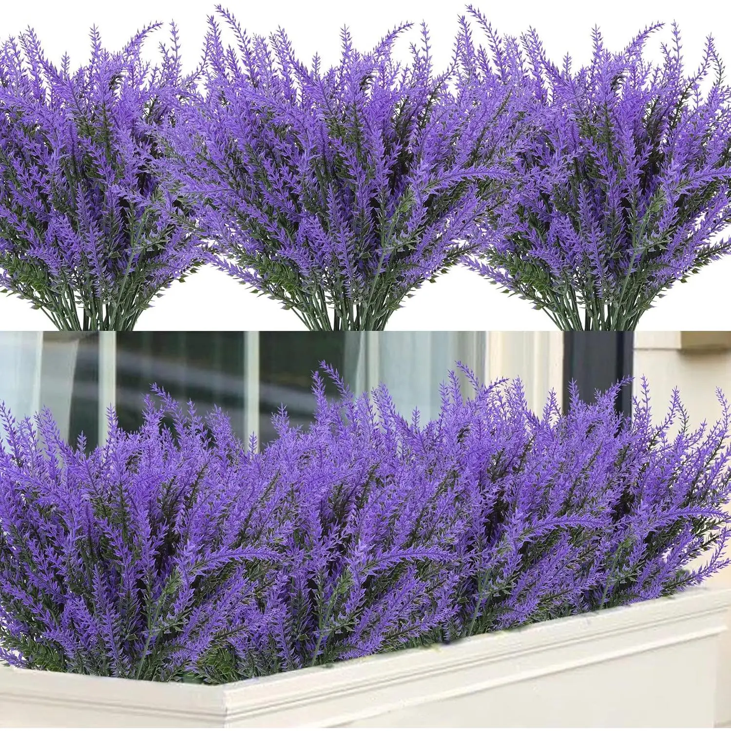 8 Pcs Artificial Lavender Fake Flowers Outdoors, Purple| Realistic, faux plastic plants, UV resistant, for home wedding garden patio window table centerpieces indoor outdoor decor