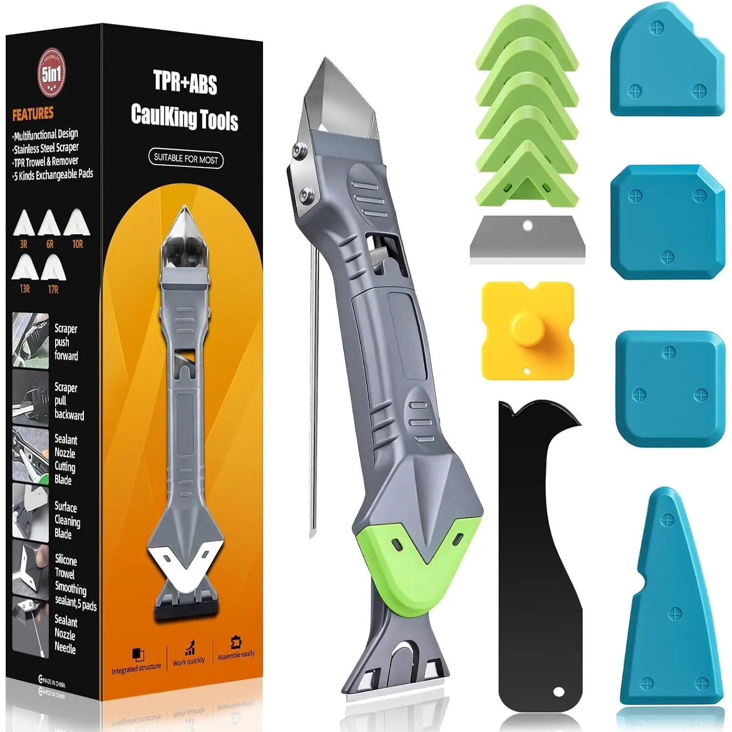 5 In 1 Caulking Tool Kit,  Caulking Tool with Stainless Steel  & Caulk Scraper, Sealant Finishing Tool with Multiple Angles, Caulk Remover Tool for Kitchen, Bathroom & Window Caulking