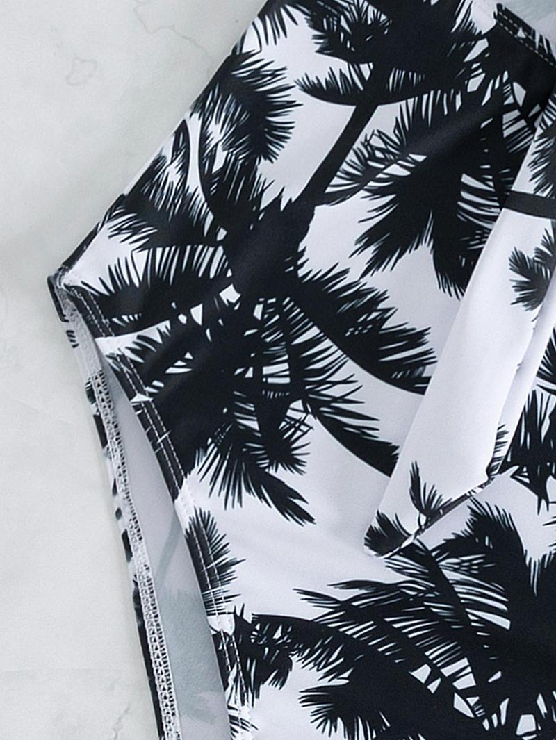 Women's Summer Beach Palm Tree Print Knot Front One Piece Swimsuit High Waisted Bathing Suit, Plants Print Swimsuit, Leaf Print Swimsuit