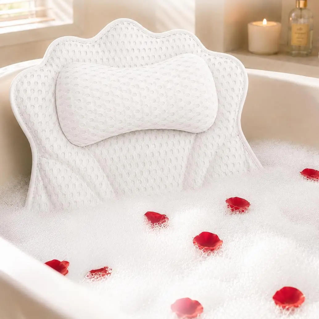 Luxe Bath Pillow for Tub Quick-Dry 4D Mesh,,  &  Support(White) | With 6 non-slip suction cups,machine washable,and a drying hook. An essential accessory for baths, spas, and jacuzzis.