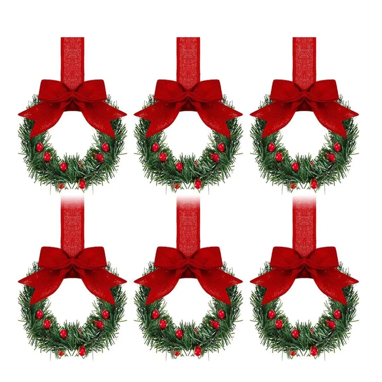 Berry Bow Mini Christmas Wreaths, 5.12 Inch Kitchen Cabinet Decor, Set of 6 Small Christmas Wreaths for Home Seasonal Decoration