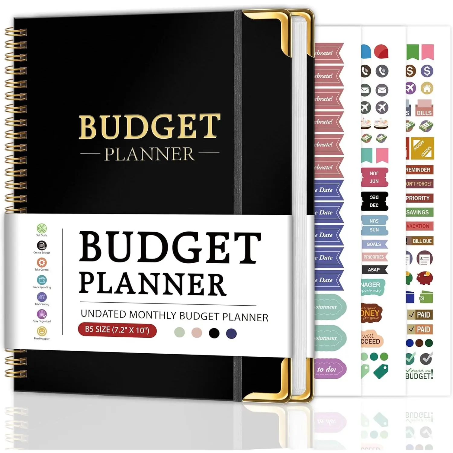 Budget Planner, Undated 12-Month Bill and Expense , 7.3" x 10" | Hardcover, Metal Corner Protectors, Debt and Savings , Inner Pocket, Bonus Stickers, -Wire Binding