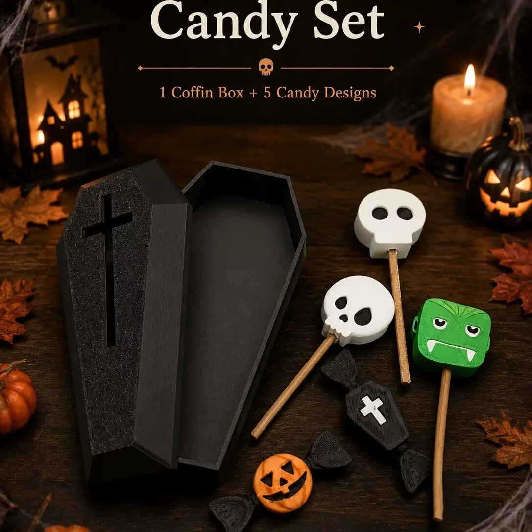 (6 Piece Set) Halloween Decoration Coffin Set, Includes 5 Candy Decorations, Horror Theme Desktop Display, Gothic Party Accessories (6 Piece Set)
