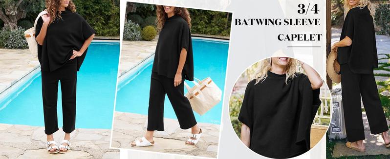 【L-5XL】Plus Size Curve imily bela curve Women's Plus Size 2 Piece Outfits 3/4 Batwing Sleeve Capelet Crew Neck Pullover Top Wide Leg Pants Lounge Set 【L-5XL】Plus Size Curve imily bela curve Women's Plus Size 2 Piece Outfits 3/4 Batwing Sleeve Capelet Crew Neck Pullover Top Wide Leg Pants Lounge Set
