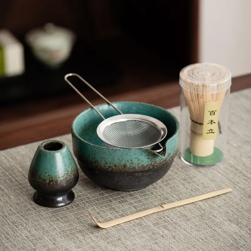 5-Piece Japanese Matcha Tool Set, Vintage Glazed Ceramic Matcha Bowl, Chasen Tea Whisk, Tea Strainer, Spoon, Home Tea Ceremony Kit