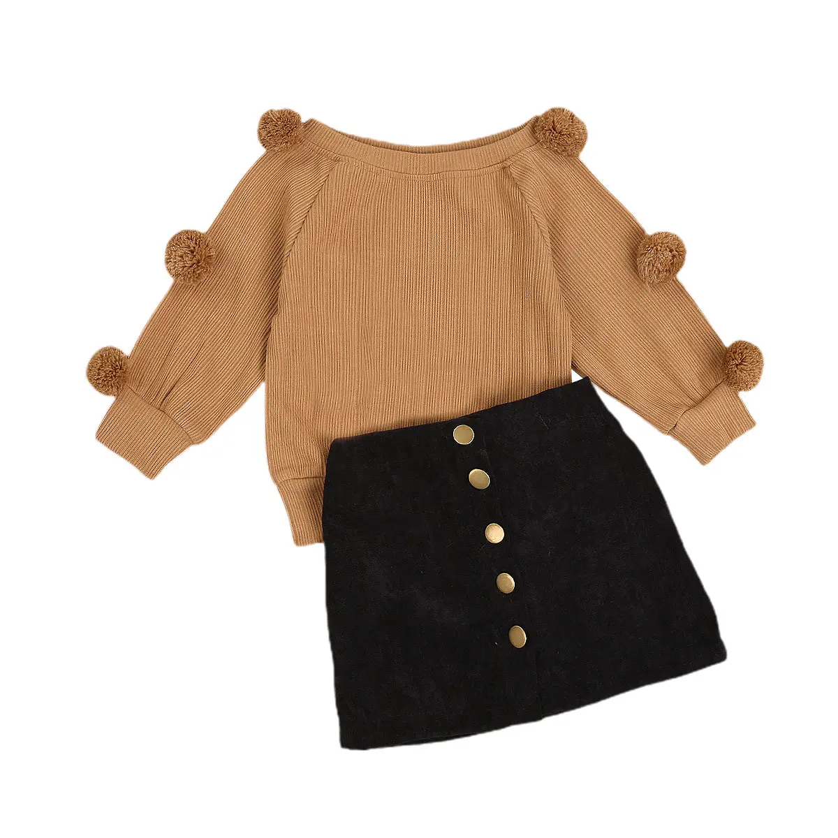 Toddler Girl Skirt Set Knit Shirt Round Neck Pompom Knitwear Decorative Tops Button Skirt