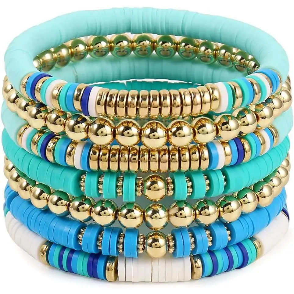 Colorful Polymer Clay Bracelet for Women, Boho Heishi Beads, Casual Stackable Surfer Jewelry for Summer Beach, Colored, Ethnic, Female