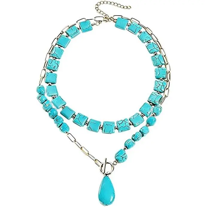 Turquoise Beads Necklace Choker for Women Chunky Turquoise Teardrop Pendant Necklaces Boho Layered Gold OT Chain Jewelry