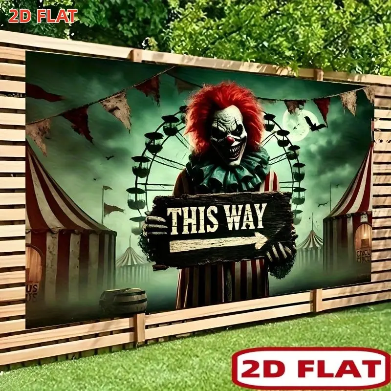 2D Flat, 1pc banner Banner, One Backdrop Banner Featuring a Clown at a Spooky Circus, Made of Polyester Fabric for Wall Decoration. Suitable for Living Rooms, Bedrooms, Offices, And Outdoor Settings