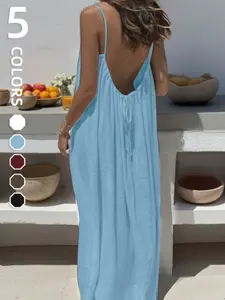 Women's Solid Color Backless Cami Dress, Casual Sleeveless Minimalist Dress for Summer, Perfect for Beach Holidays & Vacations
