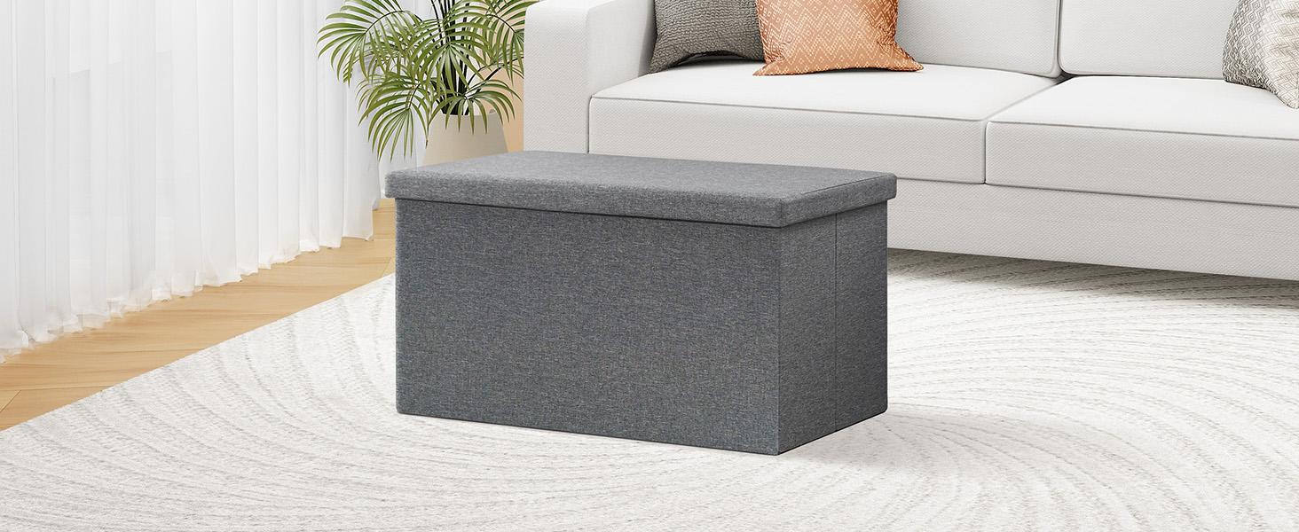 Storage Ottoman with Tray, Linen Coffee Table Folding Long Shoes Bench Footstool, Dark Grey 30"x15.74"x15"