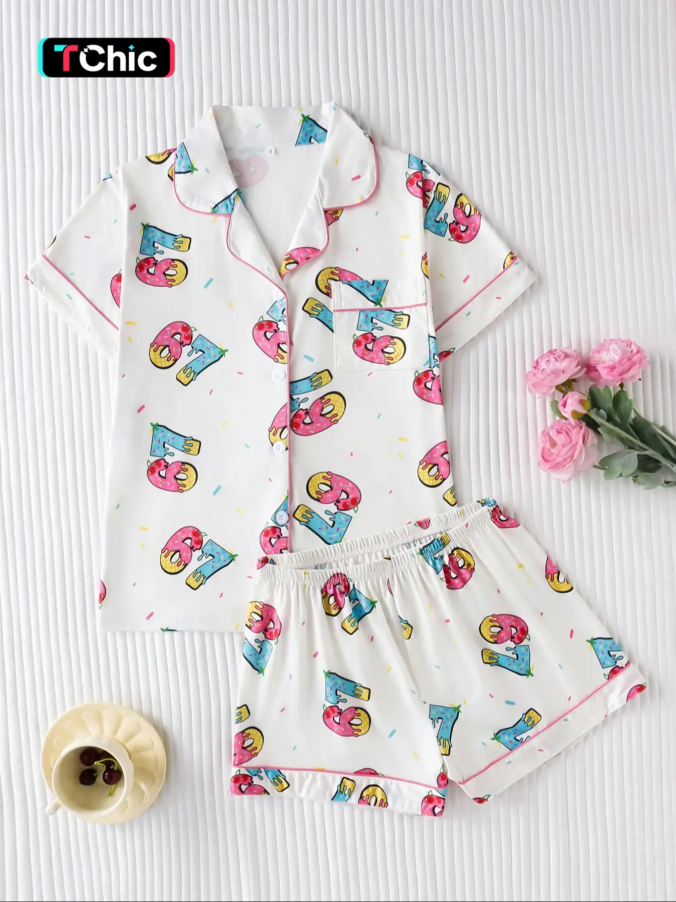 2 Piece Set Colorful Donut Cartoon Number Sugar Sprinkle Fun Print Women's Pajamas, Collar Button Short Sleeve Top with Loose Shorts, Cute Casual Loungewear Home Sleepwear