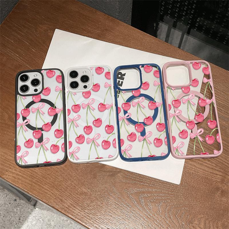 Aesthetic Magnetic Compatible Case for iPhone 17 Pro Max / 16 / 15 Pro Max / 15 / 14 / 13 / 12 / 11 / XS / XR – Cute Cherry Pattern Print | Shockproof Silicone Lightweight Scratch-Resistant Protection