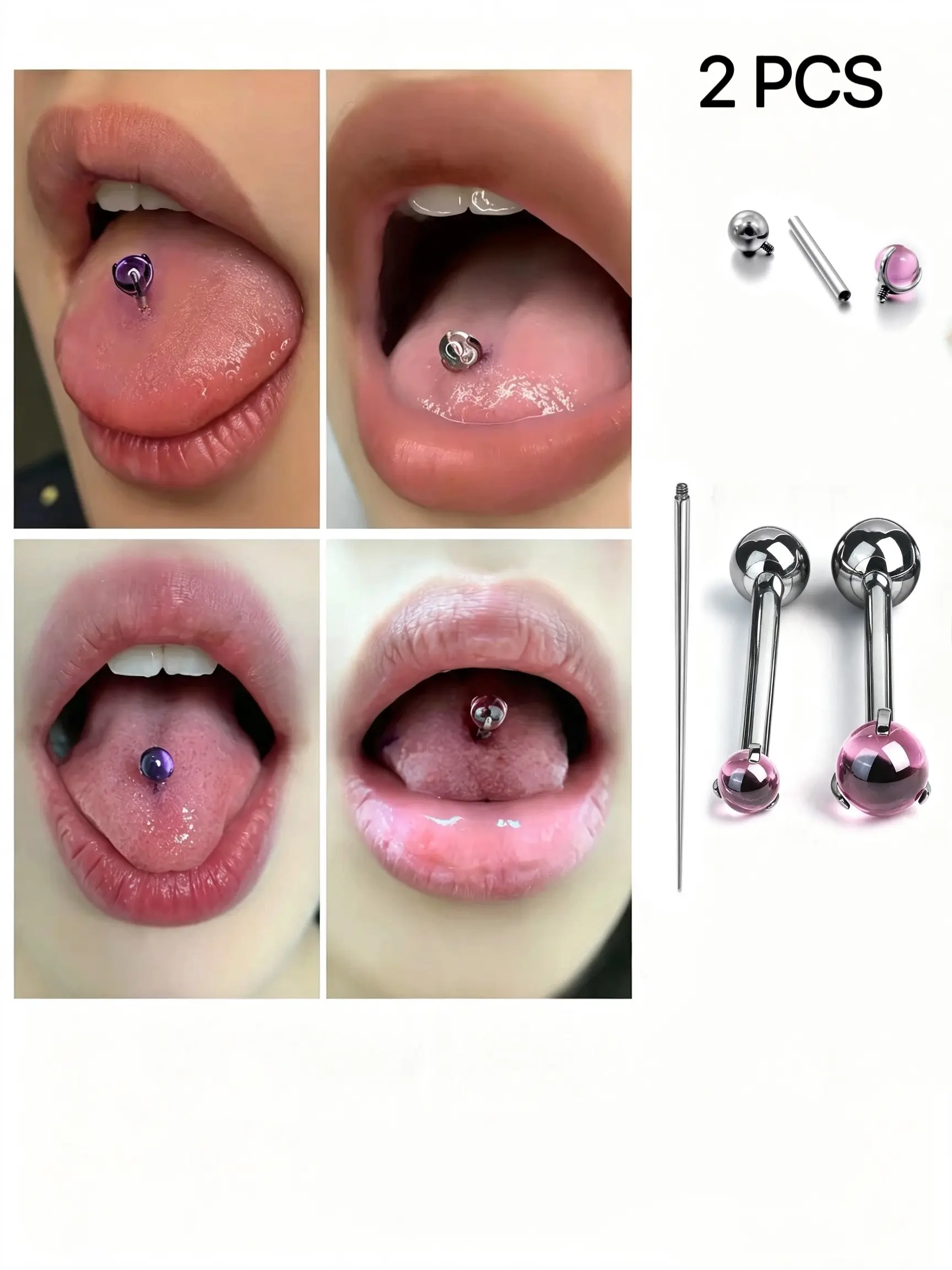 2 Pcs G23 Titanium Tongue Rings, Piercing Jewelry for Nipple, Earlobe, Tragus, F136 Size 16g, 4mm/5mm Ball, 8mm/10mm Long, Punk Style