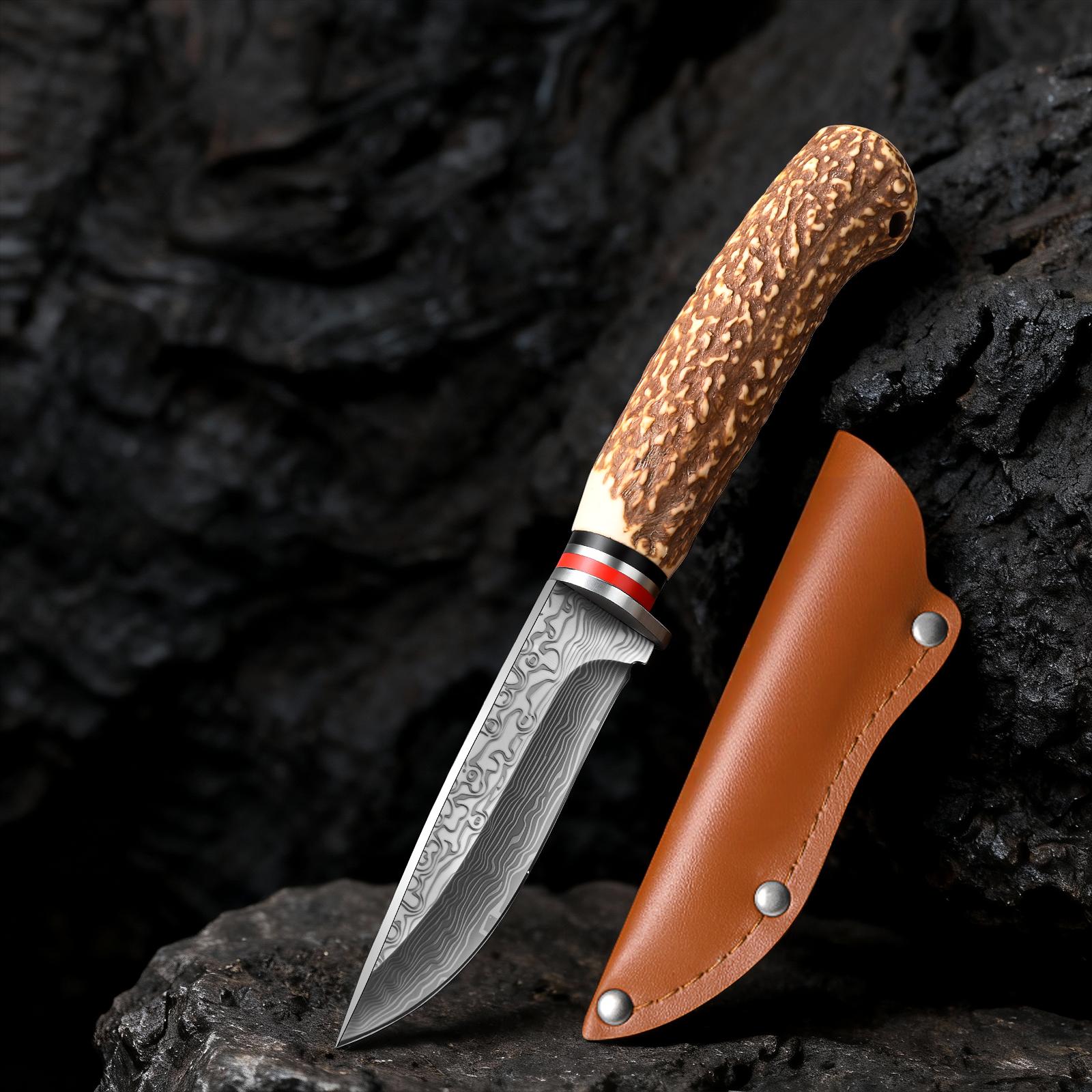 Damascus Pattern Kitchen Knife Chef Knife Steak Knife Razor Sharp Stainless Steel Meat Slicing Cleaver 8.3" Knife with Leather Sheath & Gift Box BBQ Cooking Utility Knife Non-Slip Faux Antler Stag Handle for Beef Tomahawk Fish Veggies Gift for Men Women