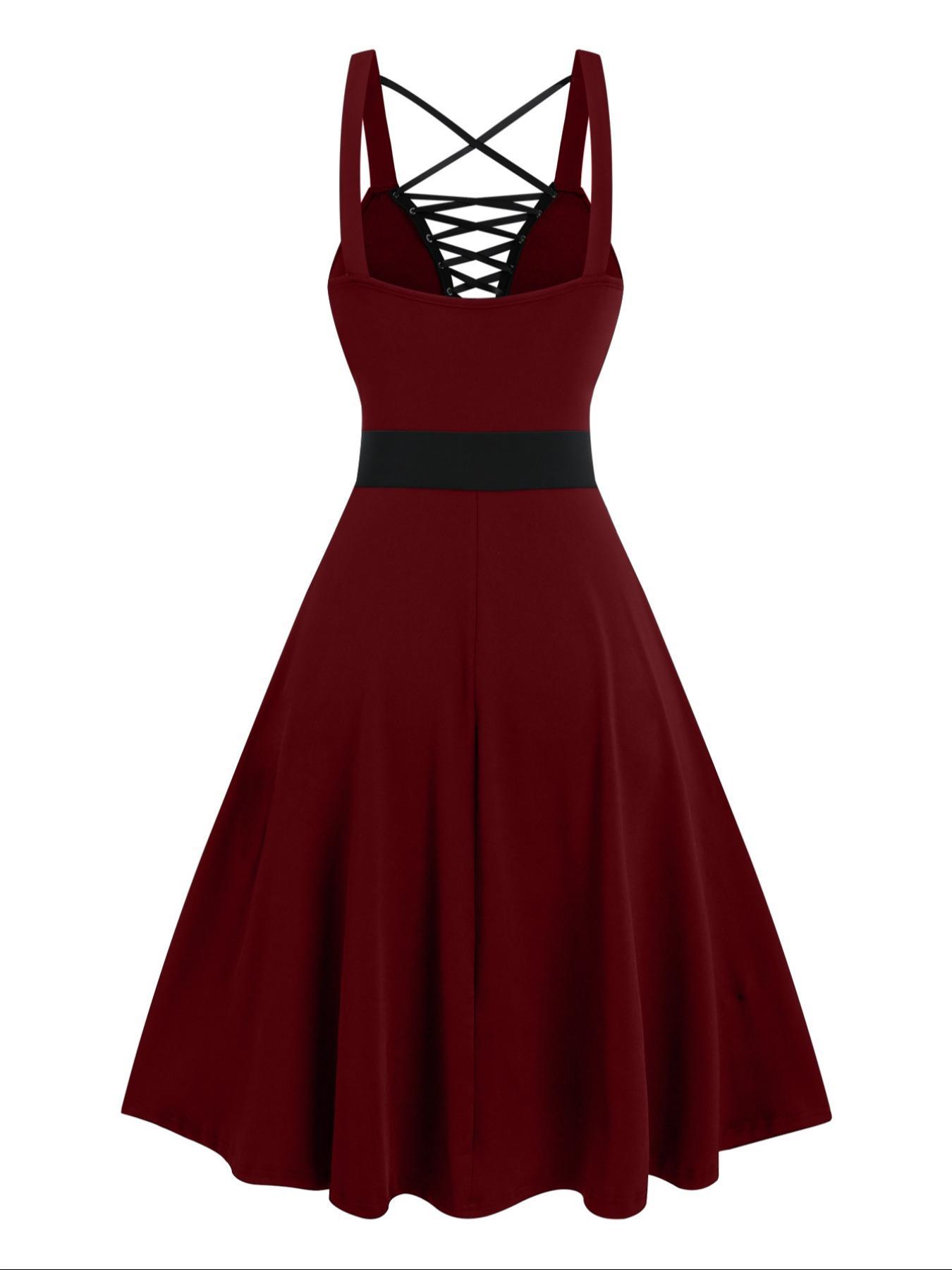 [Plus Size, Stretchable] Gothic Lace Up Grommet Eyelet Tie Front A Line Dress, Soft Jersey High Waist Buckle Belted Sleeveless Short Dress for Party Club Dating Wear, Women's Plus Clothing for Summer, Dresses for Women, Plus Size Formal Dress