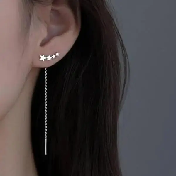 s925 sterling silver Star Chain Threader Earrings，Minimalist Simple Unique Earrings for galentine‘s party valentine’s day gift，fashion zirconia earrings，anniversary holiday jewelry，gift for women