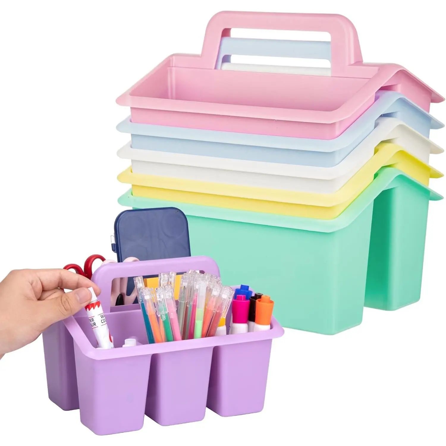 Plastic Caddy With Handle,Protable Classroom Craft Caddy, 6-pack Storage Caddy For Pencil,Pen,Craft Tools (Pastel Color)