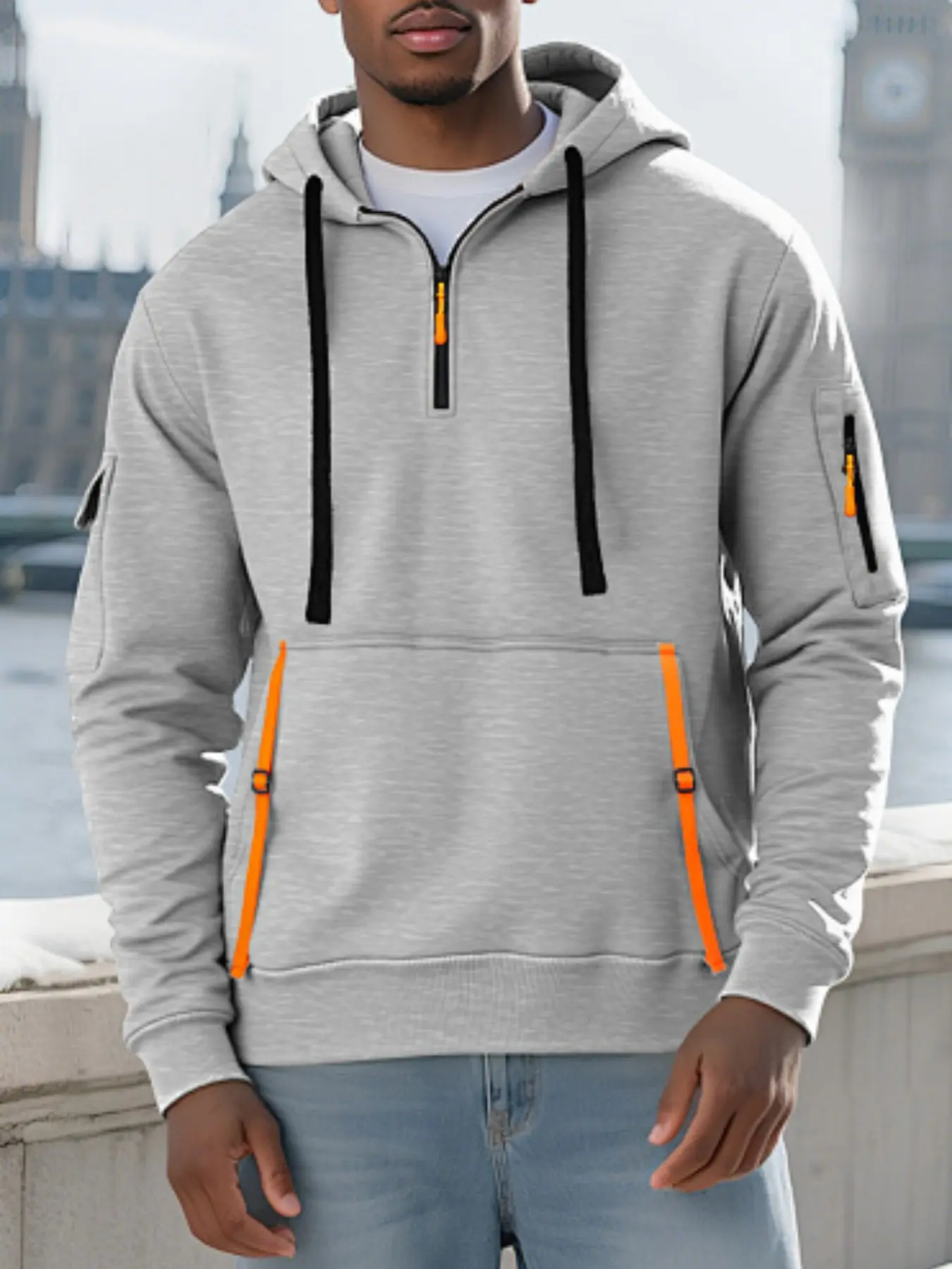 Men's Heavyweight Functional Workwear Hoodie, Fall Winter Casual Half-Zip Pullover, Trendy Outerwear, Multi-Pocket Practical Design, Sweatshirts