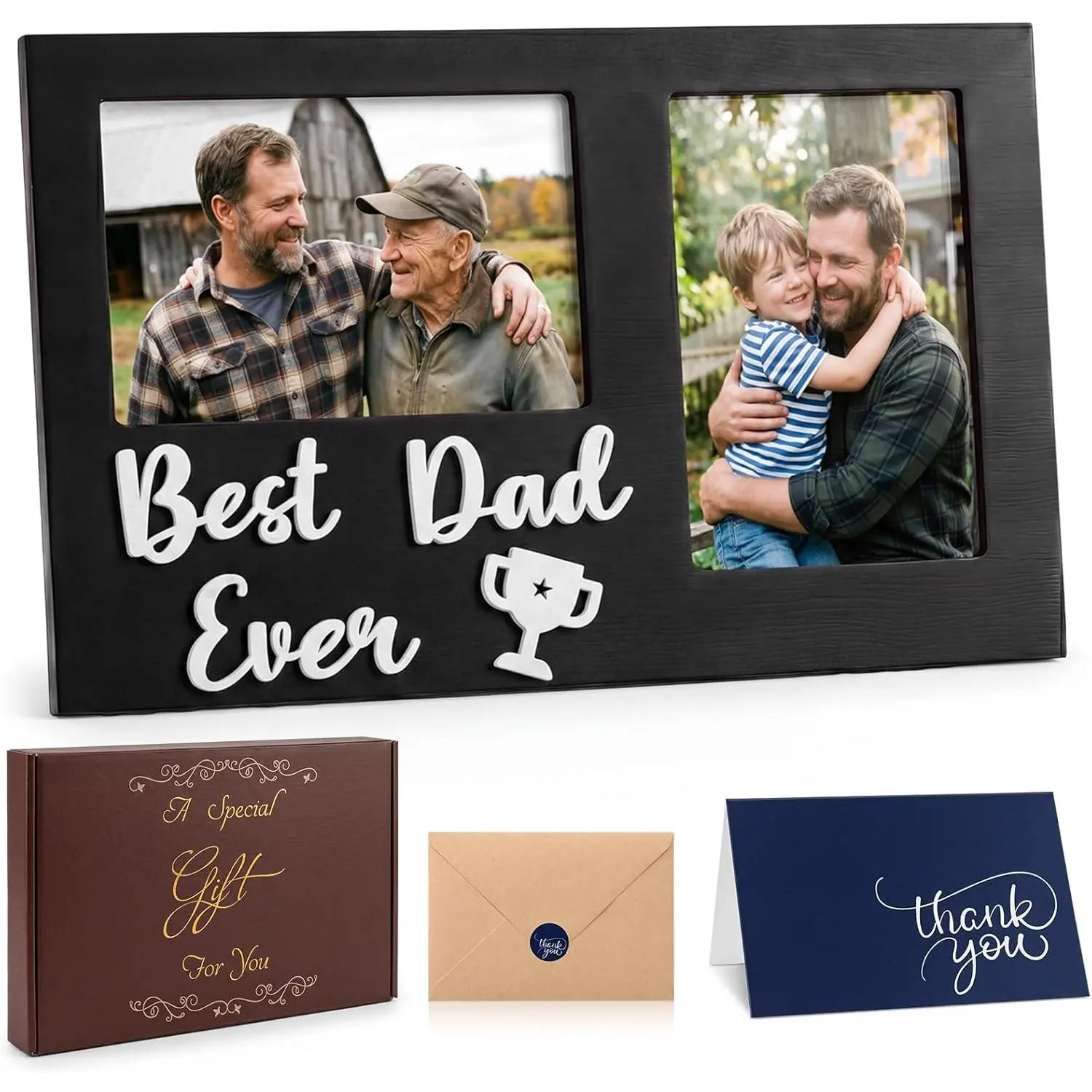 Jetec Dad Picture Frame 3D Wooden Fathers Day Photo Frame Best Dad Ever Display Holds Two 4 x 6 Inch Photos Includes Gift Box and Card Ideal for Father's Day Birthday Gifts