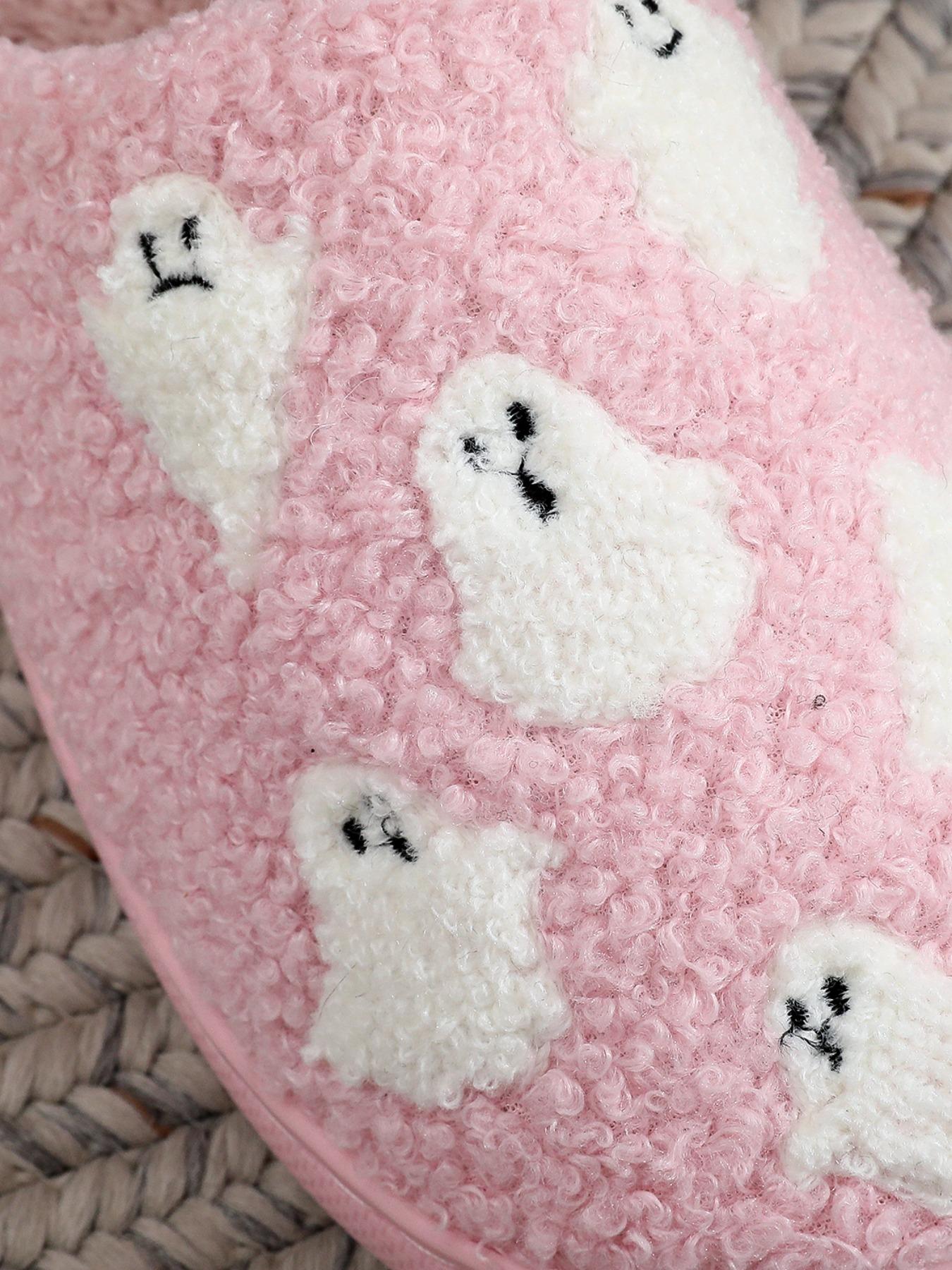 Women's Cute Cartoon Ghost Pattern Plush Slippers, Casual Soft Comfortable Fluffy Home Slippers, Warm Fuzzy House Slippers for Indoor & Outdoor Use for All Seasons