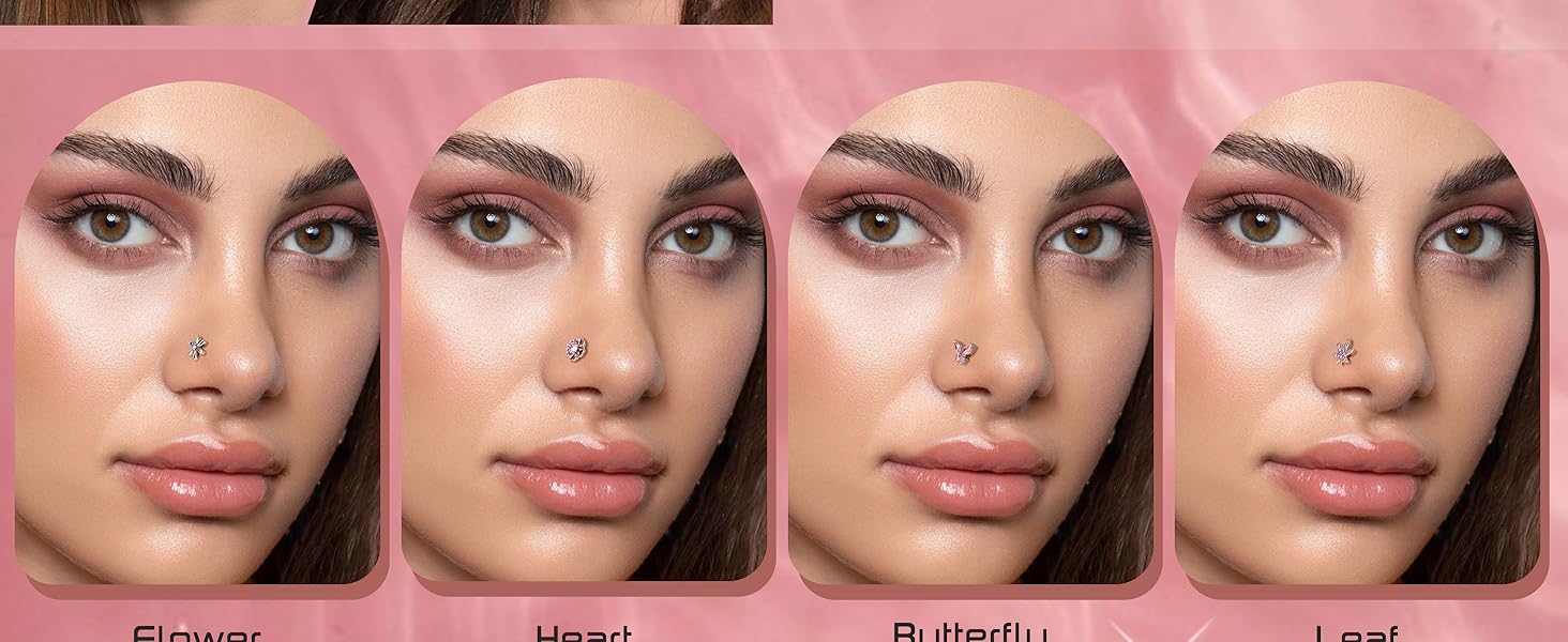 Trendy Summer Nose Rings L Shaped  Hypoallergenic Stainless Steel Nose Ring-Dangle CZ Butterfly Flower Nose Studs Hoops Piercings Jewelry Gift for Women Men 20G Pink/Blue/Clear