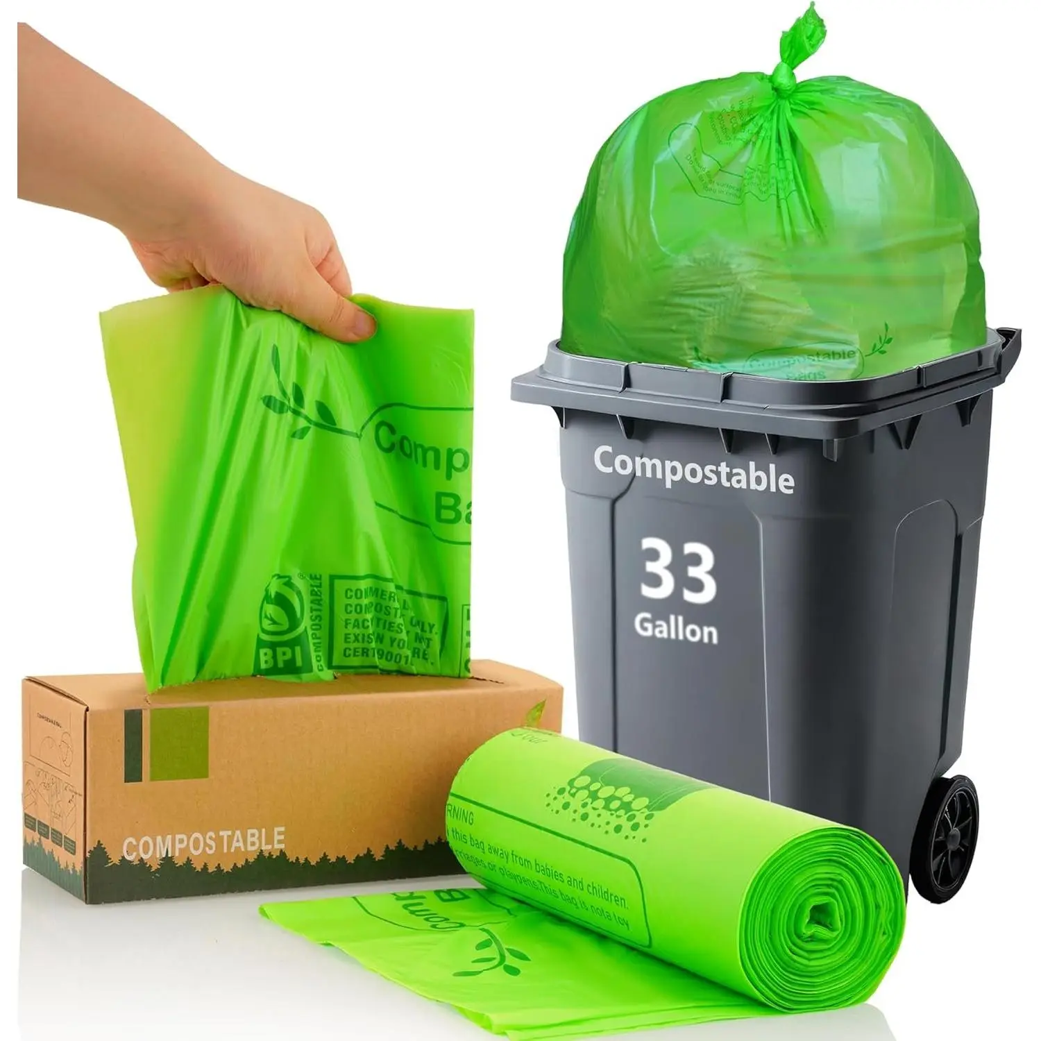 Compost Bags 33 Gallon 125 Liter Extra Thick 1.2 Mils Compostable  Scrap  Bags with  BPI ASTM D6400 and  OK Compost  Certified 20 Counts
