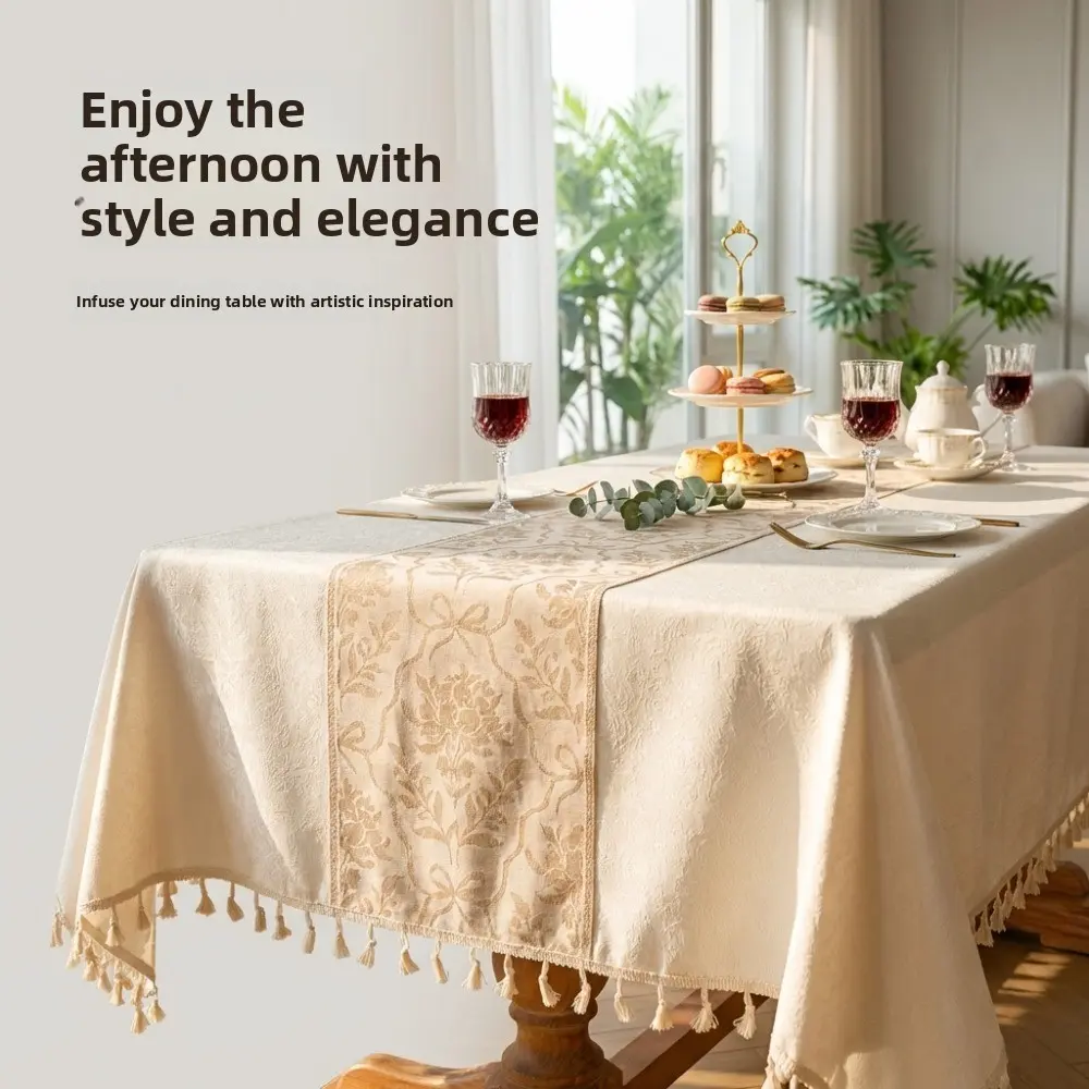 Premium Vintage Embroidery Tassel Fringe Tablecloth, Farmhouse Beige Cotton-Linen Dining/Coffee Table Cover for Home Decor, Multi Sizes Available