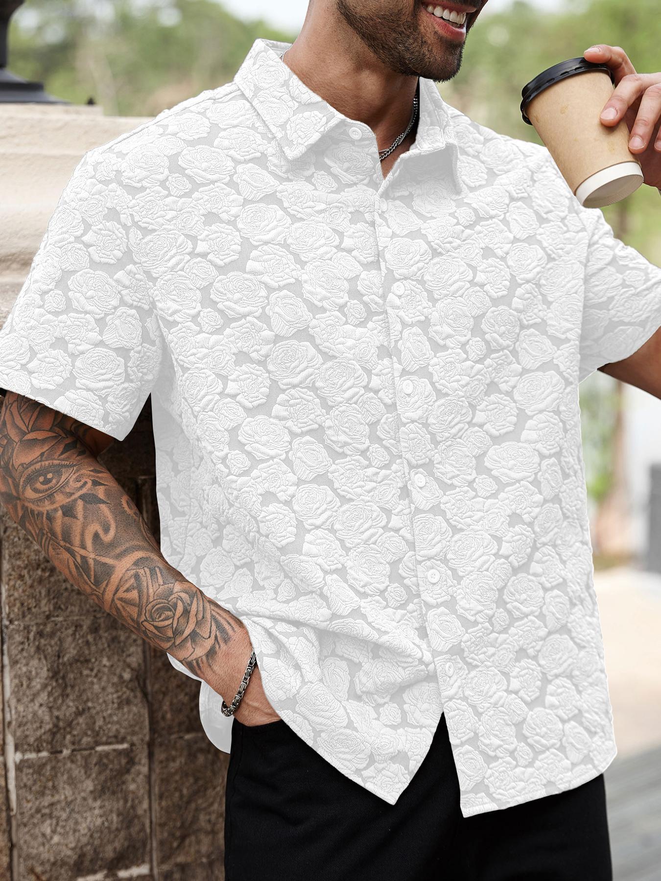 Men's Rose Print Short Sleeve Shirt, Casual Button Collared Loose Casual Soft Comfy Button Up Top for Summer, Men's Clothes for Daily Wear, Casual Menswear