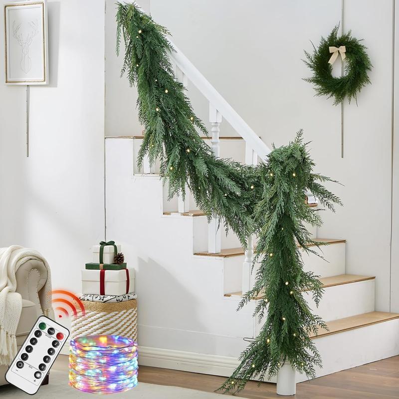 Christmas Cedar Garland Realistic with Lights - Cypress Decorations 9ft for Mantle Lighted Faux Pine Garlands for Xmas Home Decoration Indoor Stairs Railing Fireplace 9 Ft Outdoor Prelit Door Decor