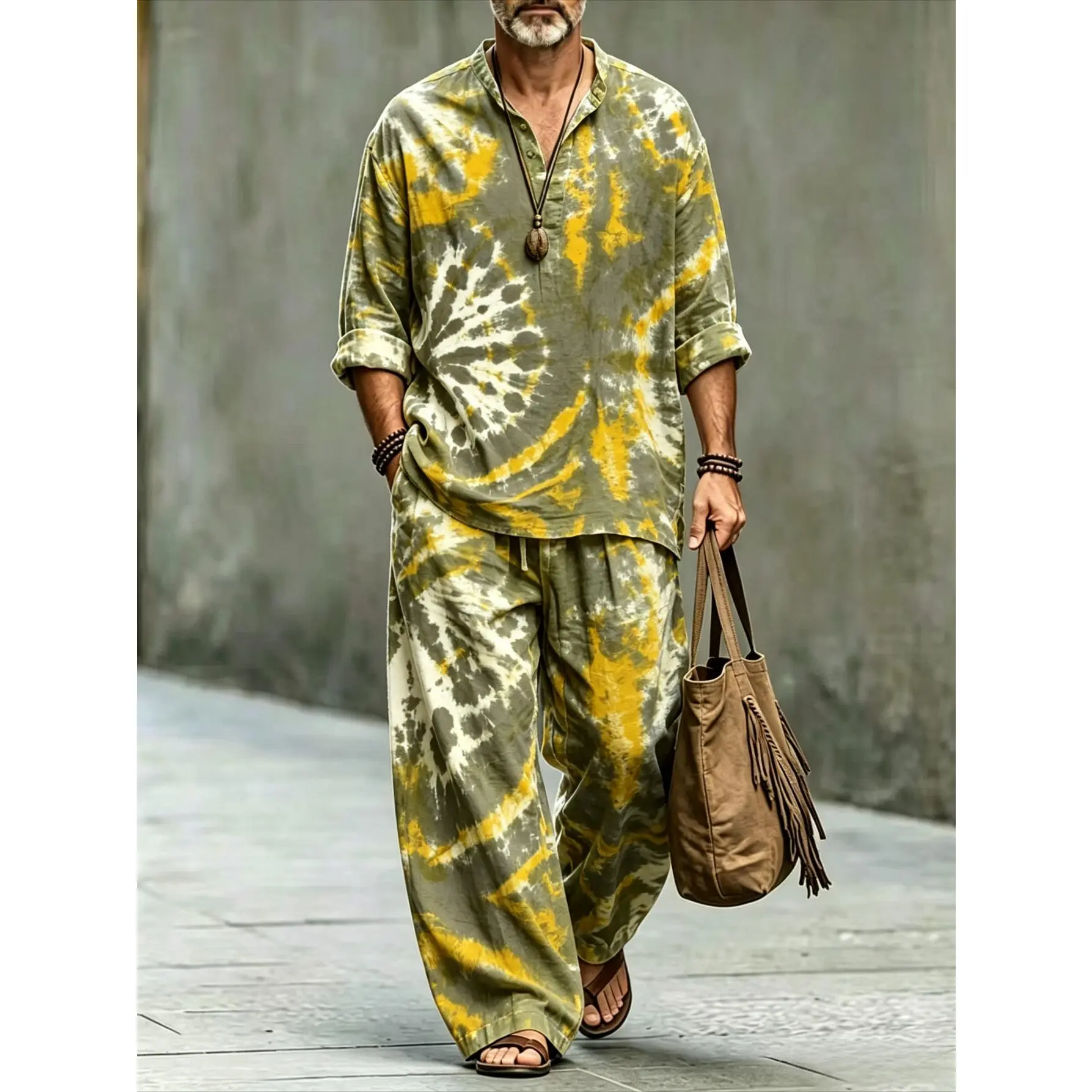 Men's Tie Dye 2 Piece Outfit, Stand Collar Half Button Roll Sleeve Shirt & Wide Leg Pants Set, Bohemian Linen Matching Vacation Suit