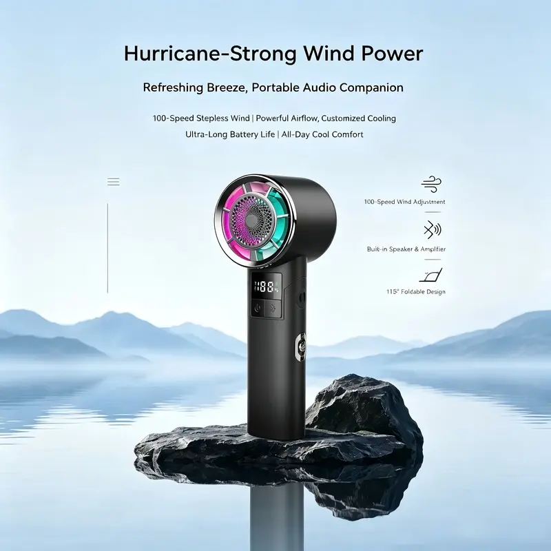 2-in-1 Portable Handheld Turbo Fan with Bluetooth Speaker, 3000mAh Long-Lasting Battery, 100-Speed Stepless Adjustment, RGB Light Effect, Foldable Design for Outdoor Use, Gift for Women and Men