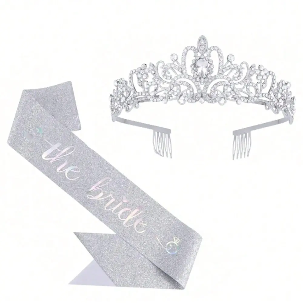 Crystal Silver Tiara Bride Sash Set, Sparkly Alloy Bridal Hair Sash for Bachelorette Wedding Birthday Prom Party Decor