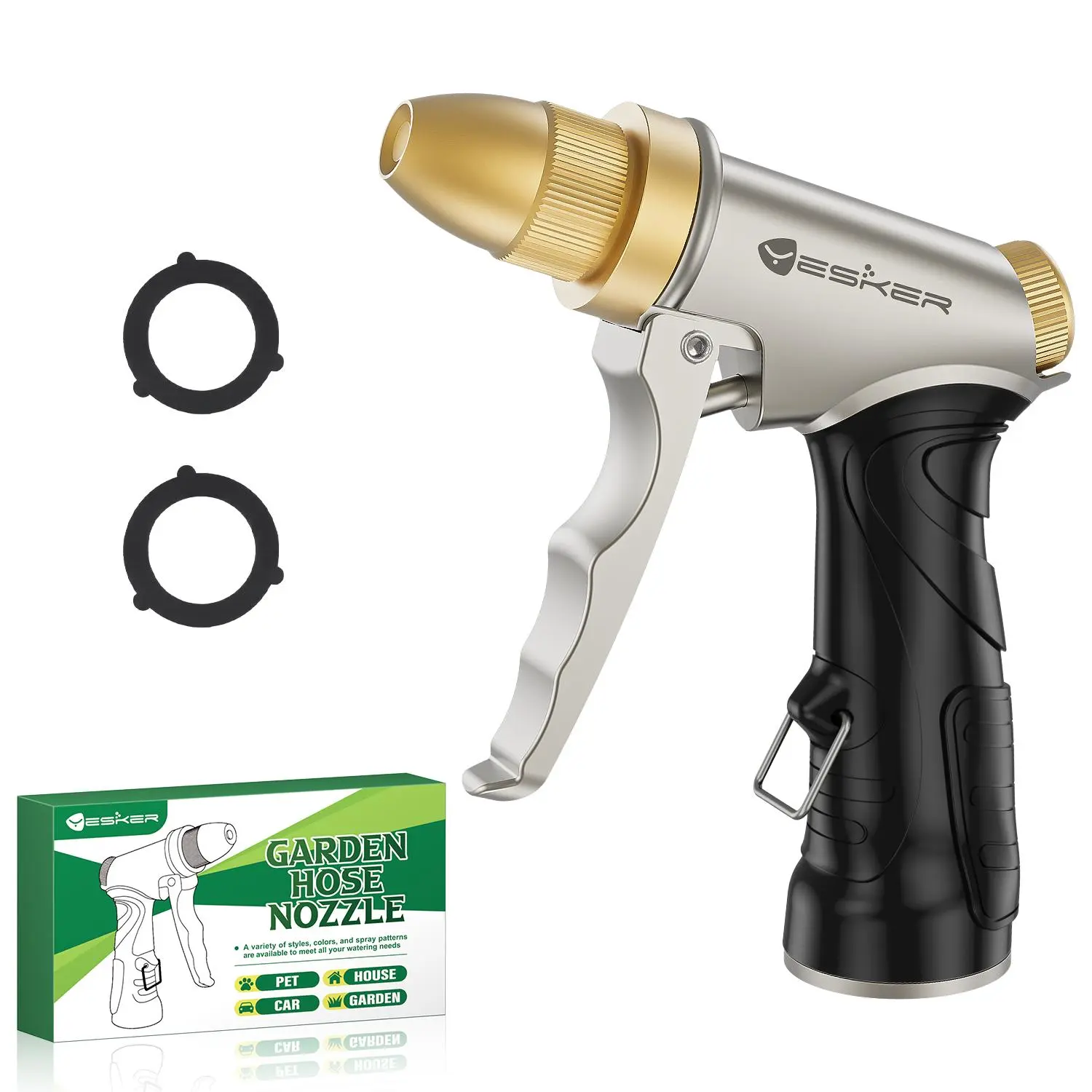 Yesker Garden Hose Nozzle Water Hose Sprayer Nozzle Adjustable 4 Spray Patterns Heavy Duty 100% Metal Brass Water Nozzles with Non-Slip Rubber Grip for Hose Outdoor Watering Plant Lawn Washing Car Pet