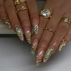 24pcs Nude Pattern False Nails, Luxury Style Lines, Medium Almond Shape, Versatile Daily Wear Fake Nails