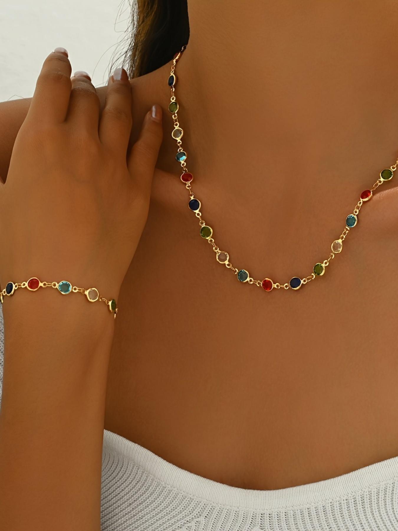 Women's Elegant Colorful Artificial Zircon Decorated Necklace & Bracelet, Fashion Jewelry for Party, Daily Clothing Decor, Trendy All-match & Exquisite Jewelry for Birthday Gift, Fashionable Jewelry Set