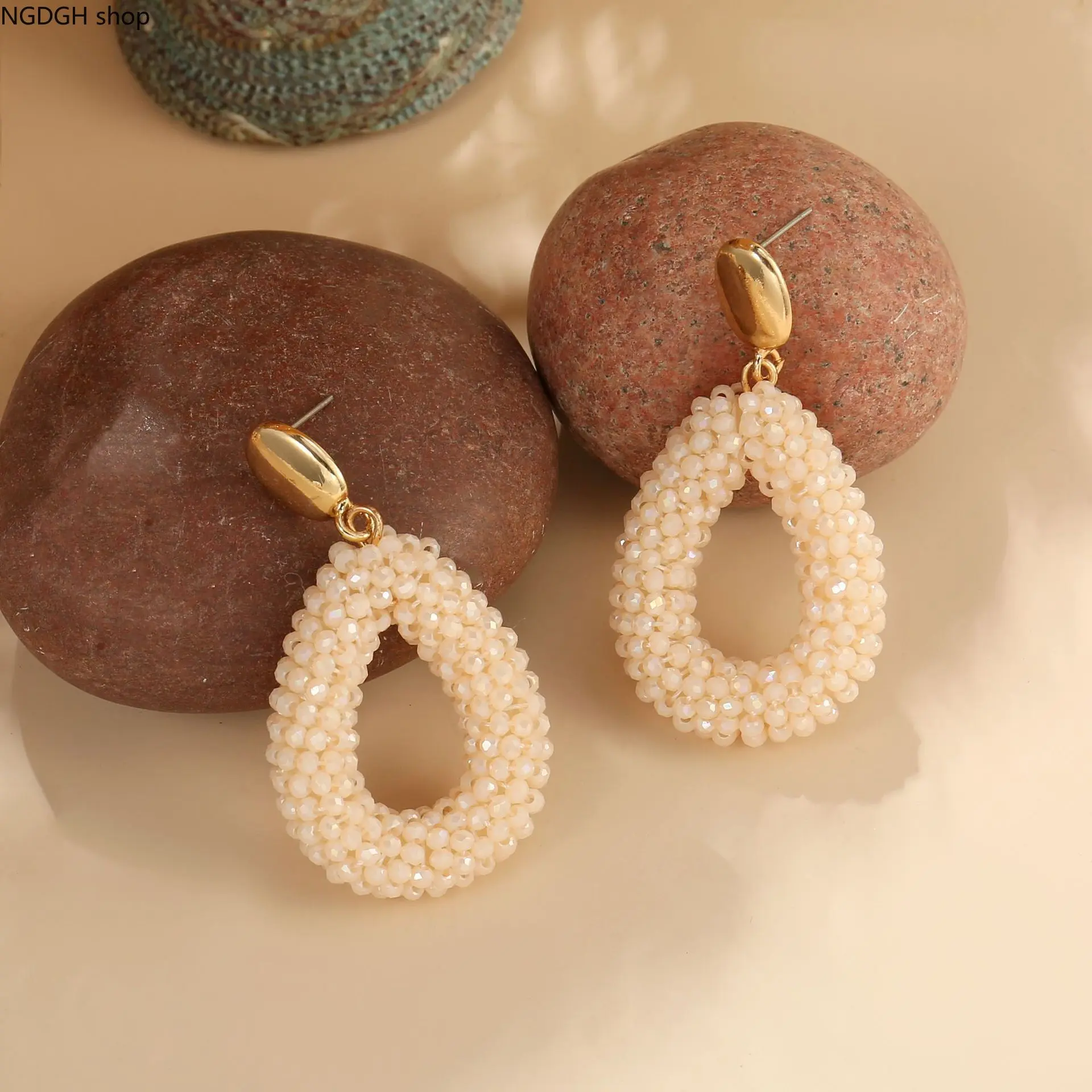 TeardropBeadedDropEarrings,BohoHandwovenSeedBeadHollowTeardropDangleEarrings,GoldMetalTopMultiColorSparklyBeadStatementEarrings,LightweightComfortWear,VacationBeachPartyDailyOutfitBoldEarAccessoriesForWomen