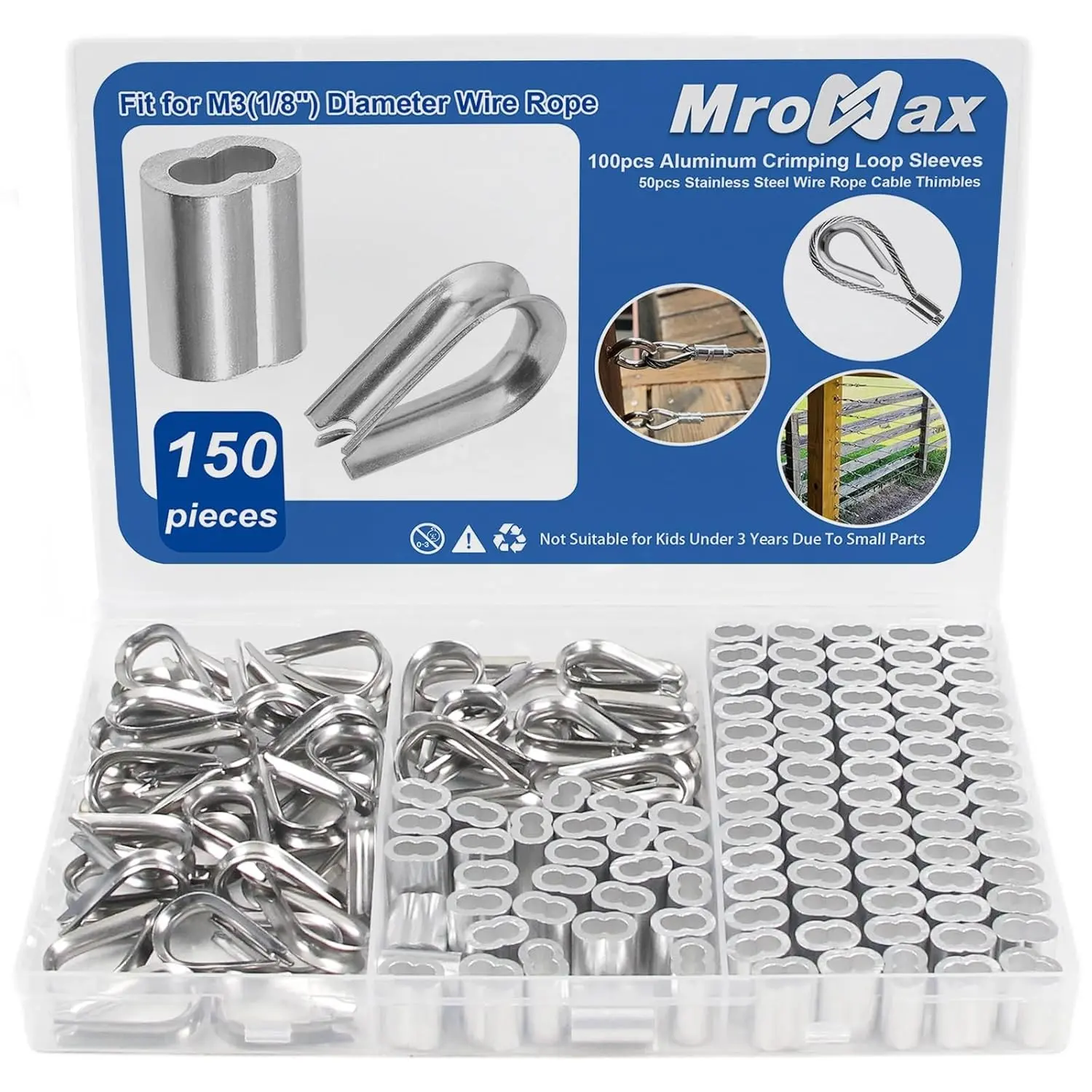 Wire Rope Crimp Sleeves & Stainless Thimbles Kit - 100 Pcs 1/8-in Aluminum Crimp Sleeves, 50 Pcs M3 Stainless Steel Thimbles for Wire Rope Rigging, Stainless Thimble