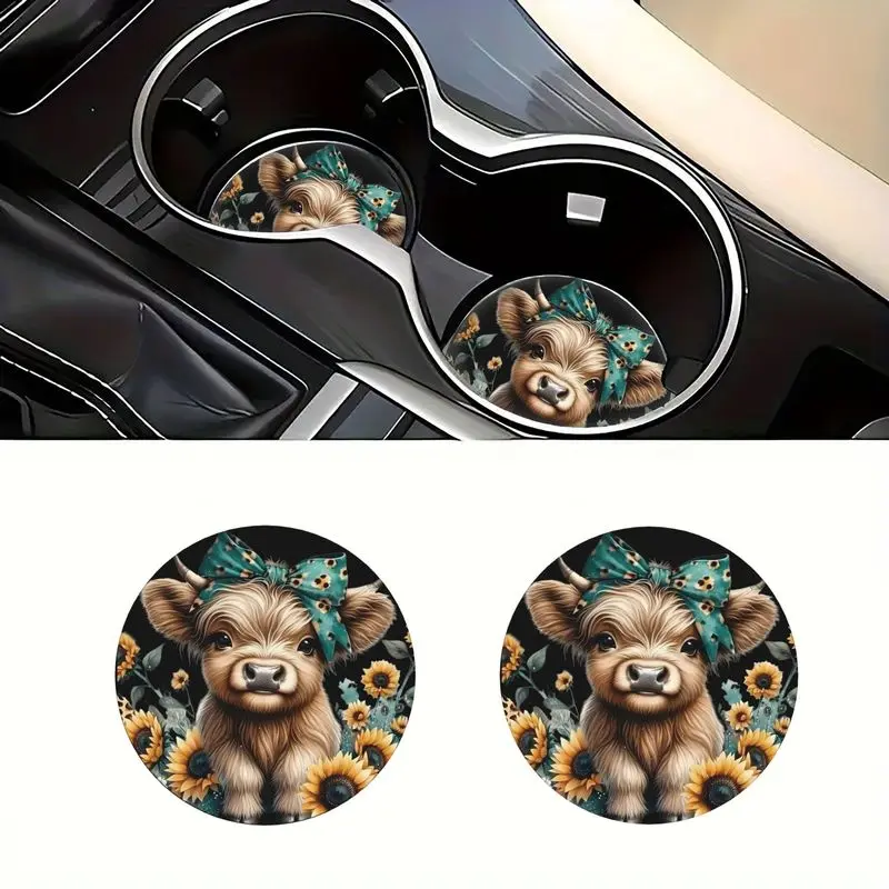 Set of 2 Highland Cow Car Coasters - EVA Holder Mats for Everyone,  Vehicle Additions, Holiday Gifts, Gift for Friends and Family
