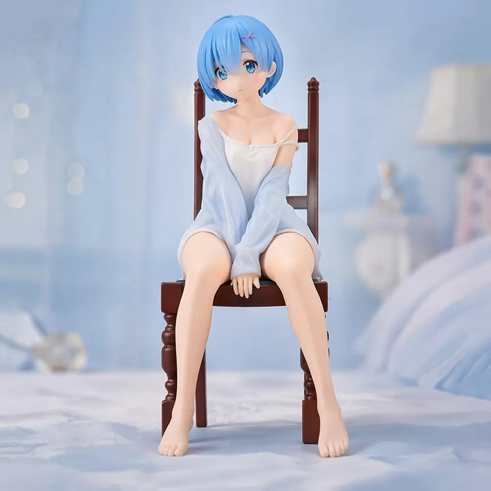 Re: Zero Starting Life Relaxing Time Rem Seat Figure, 17cm Height, Blue Hair, Cross Clip, Vintage Wood Chair, Perfect Gift
