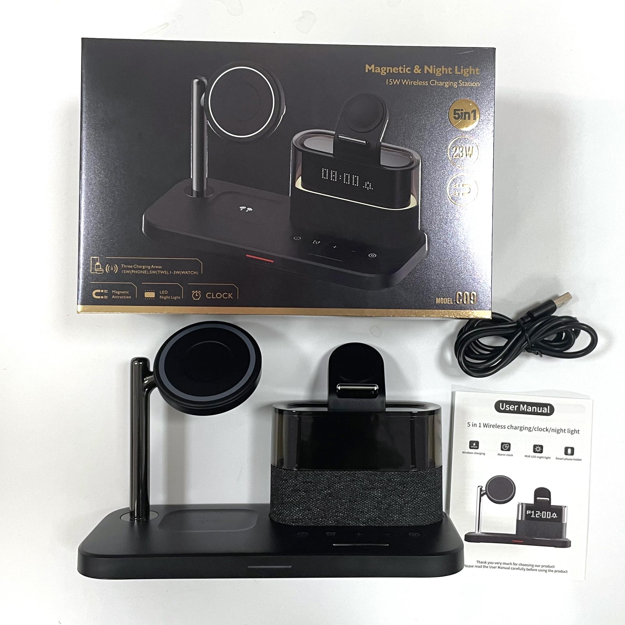 5-in-1 Wireless Charger with Clock, Mobile Magnetic Wireless Charger Stand for iPhone Apple Watch Airpods, for Magsafe Charger Set, Black Charging Station, for Smartphone, Cellphone, Electronic, Magnetic Charging Design, Charging Dock