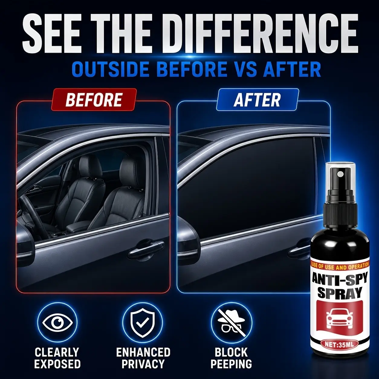 Car window privacy spray disposable anti-peep formula is transparent and easy to apply for lasting privacy protection, suitable for driving, parking and traveling.